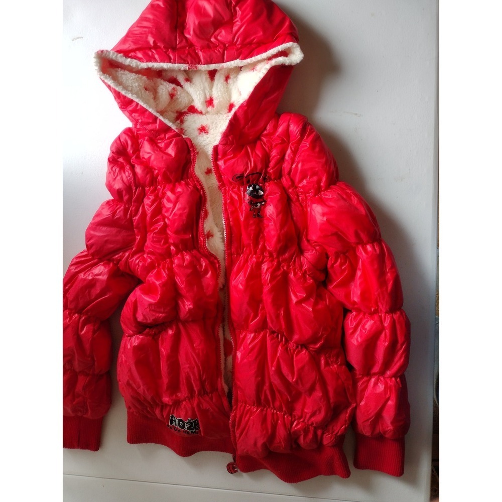a02 Azona Red Puffer Jacket reversible Faux Fur Lined Hooded Down Coat Small